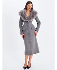 Miss Circle Women's Faye Grey Wool Blend Single-Breasted Coat with Removable Faux Fur Collar