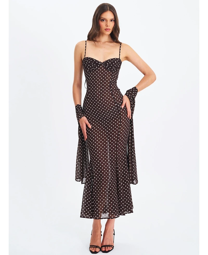 Miss Circle Women's Yadira Brown Base Polka Dot Chiffon Maxi Dress