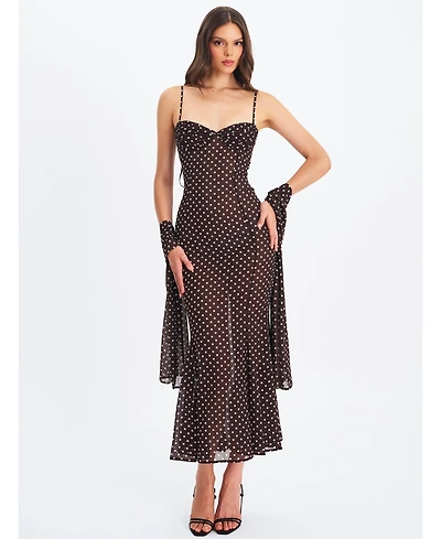 Miss Circle Women's Yadira Brown Base Polka Dot Chiffon Maxi Dress