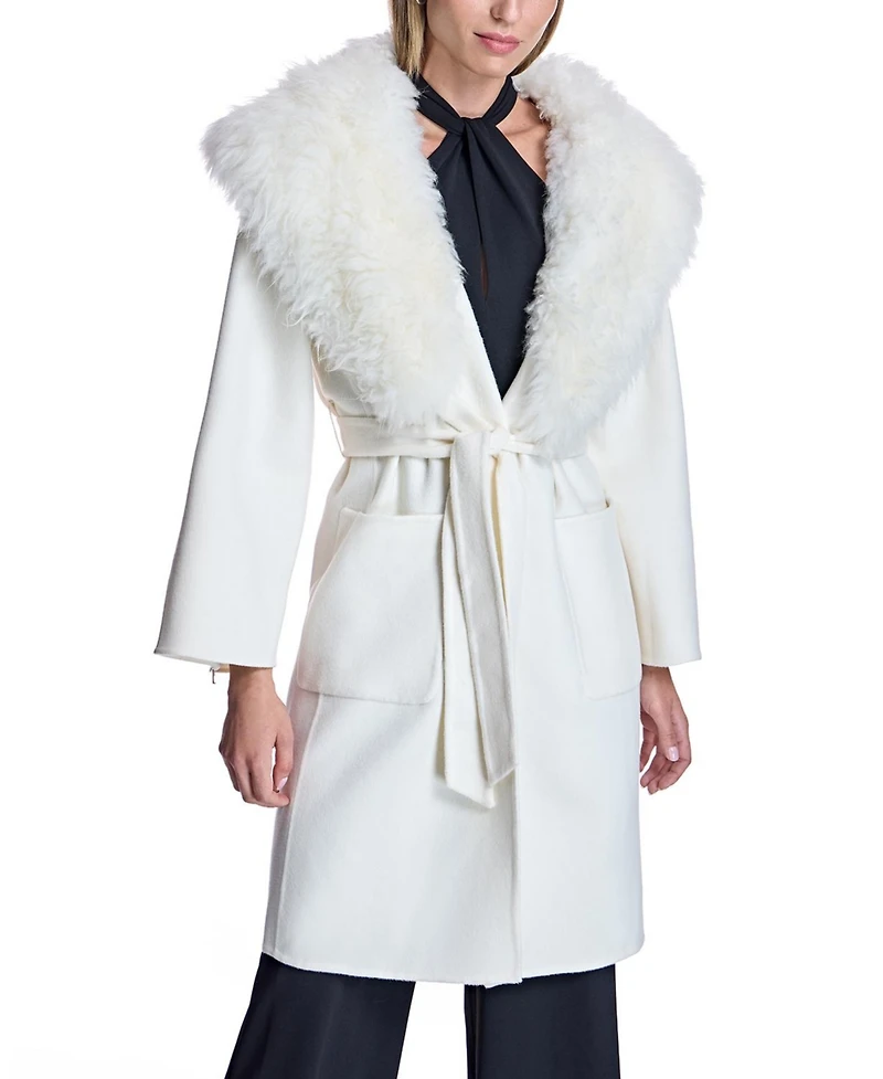 Julia & Stella by Maximilian Women's Wool Blend Belted Trim Coat