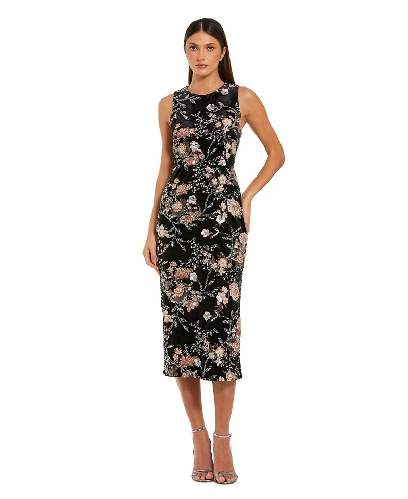 Mac Duggal Women's Embroidered Velvet High Neck Sleeveless Midi Dress