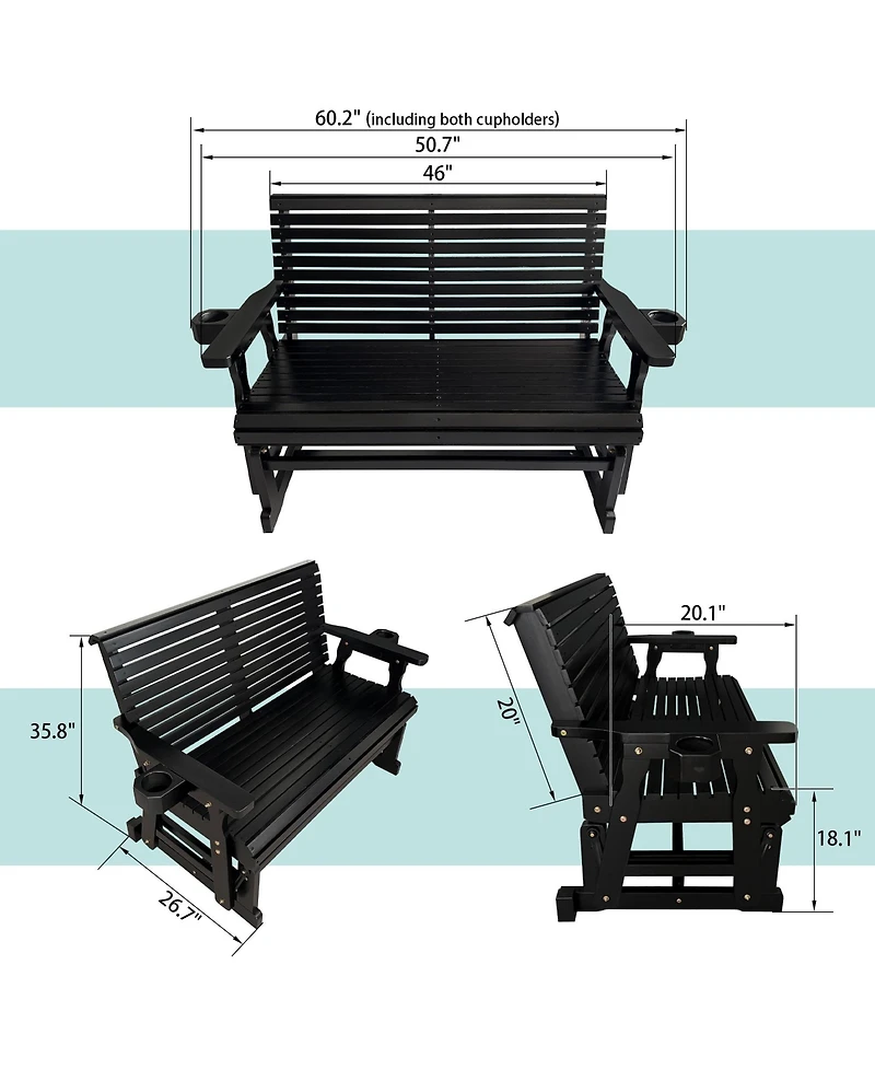 Mega Casa Patio Glider with Cup Holders, High Roll Back and Deep Contoured Seat,Heavy Duty 800 Lb (Black, 2-Seater)