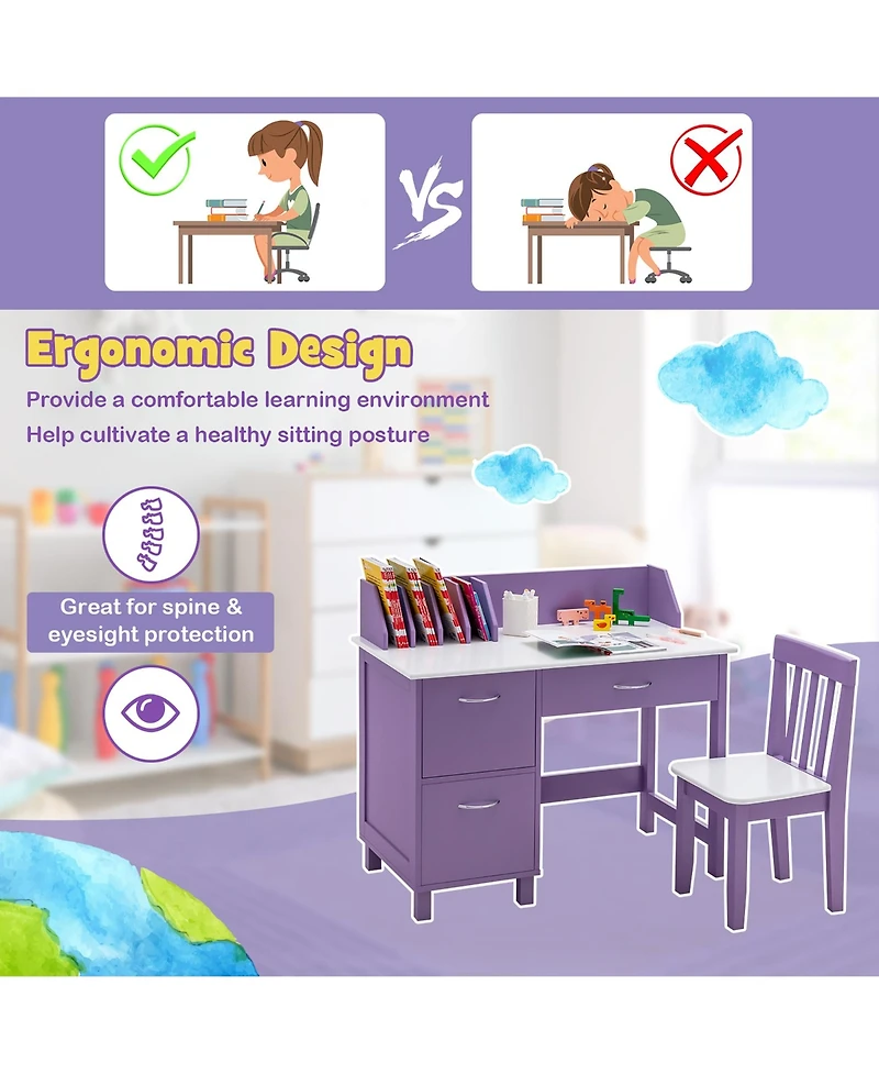 Costway Kids Wooden Study Desk & Chair Writing Table with Drawer Storage Cabinet