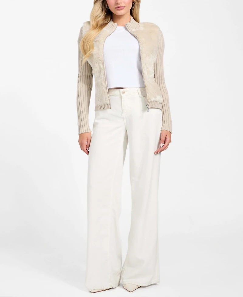 Guess Women's Mila Mixed Media Faux-Fur Zip-Front Cardigan