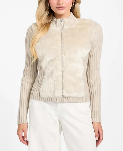 Guess Women's Mila Mixed Media Faux-Fur Zip-Front Cardigan