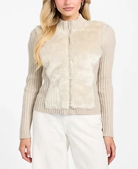 Guess Women's Mila Mixed Media Faux-Fur Zip-Front Cardigan