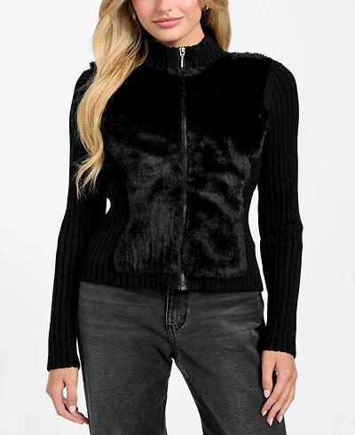 Guess Women's Mila Mixed Media Faux-Fur Zip-Front Cardigan