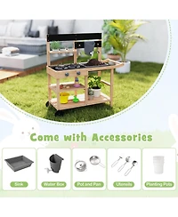 Gymax Mud Kitchen w/ Wheels Outdoor Fir Wood Play Kitchen w/ Blackboard,Planting Pots