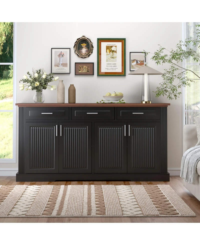 Streamdale Furniture63" Fluted Sideboard Buffet Cabinet, Farmhouse Coffee Bar, Black