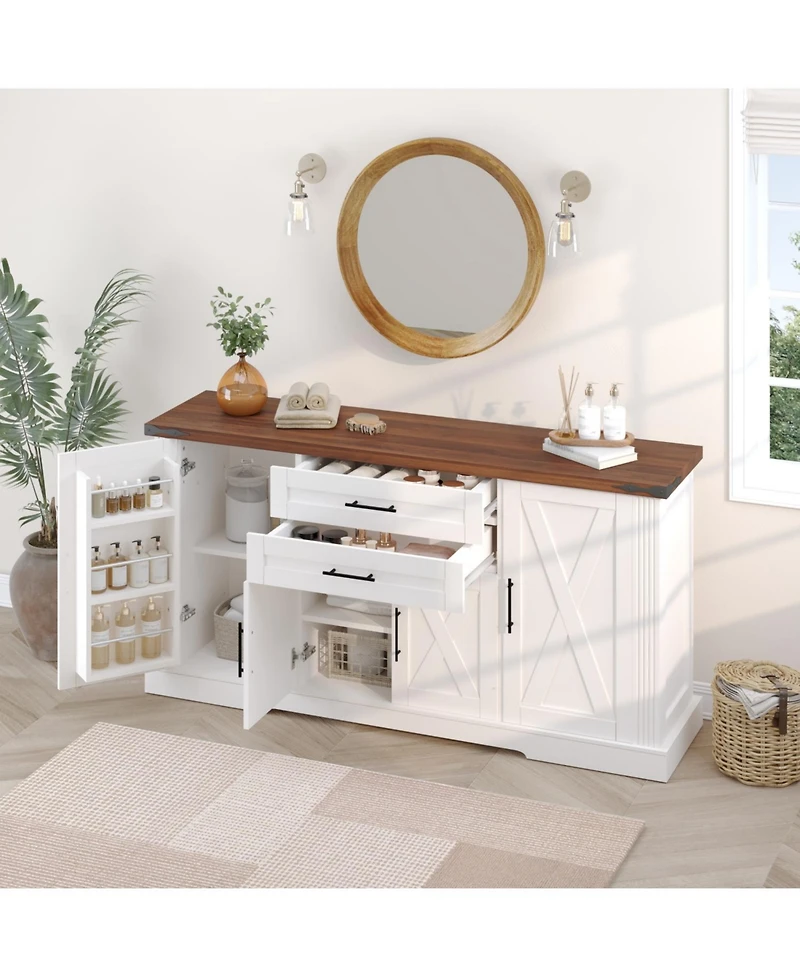Streamdale Furniture Streamdale 63" Farmhouse Barn Door Cabinet with Drawers & Shelves, White