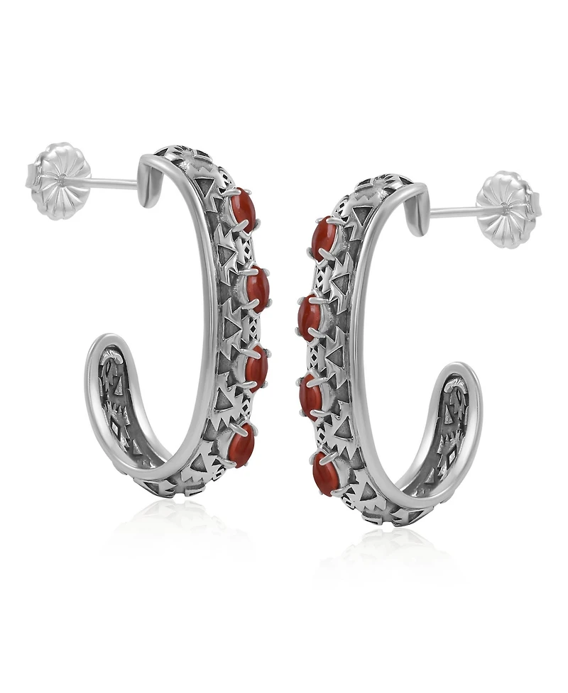 American West Jewelry Sterling Silver Red Jasper Patterned J-Hoop 1 Inch Earrings