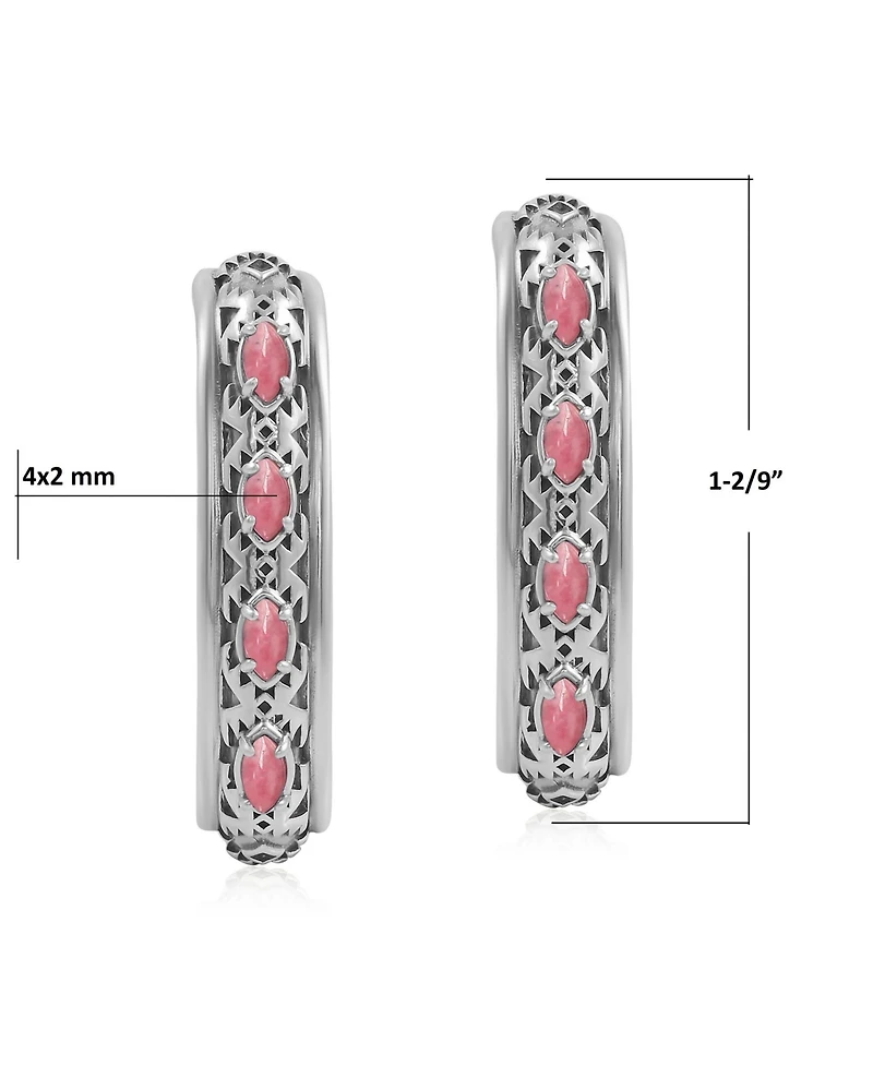 American West Jewelry Sterling Silver Rhodonite Patterned J-Hoop 1 Inch Earrings