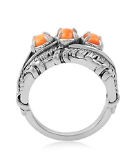 American West Jewelry Sterling Silver Orange Spiny Oyster Three Stone Feather Ring,
