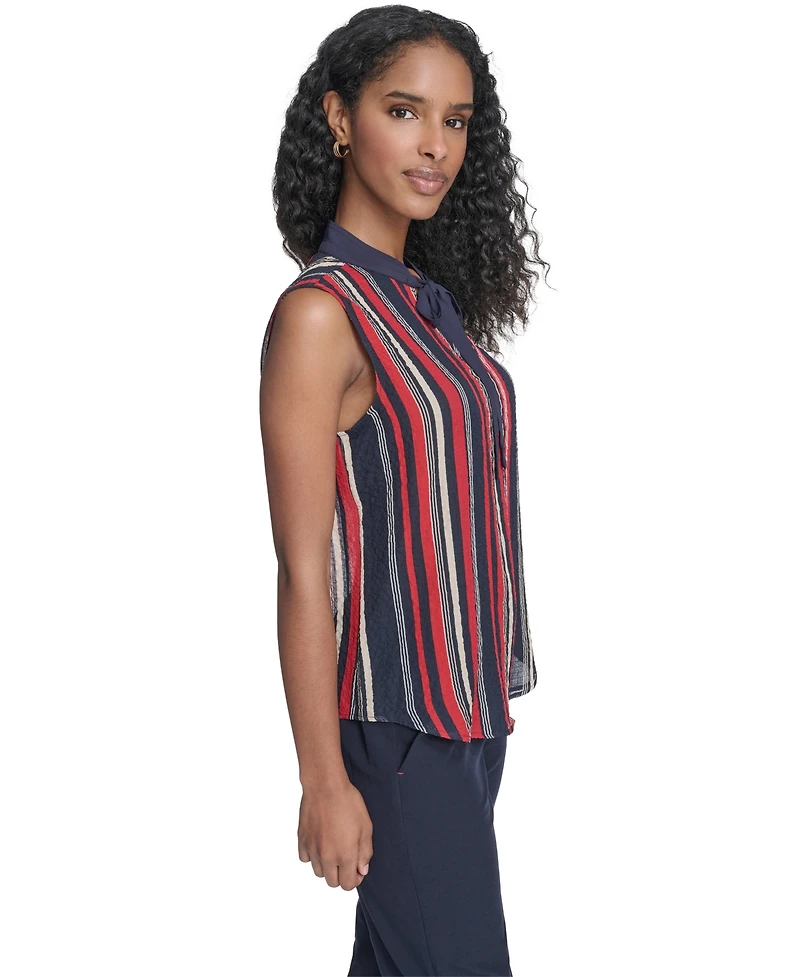 Tommy Hilfiger Women's Sleeveless Striped Tie V-Neck Blouse