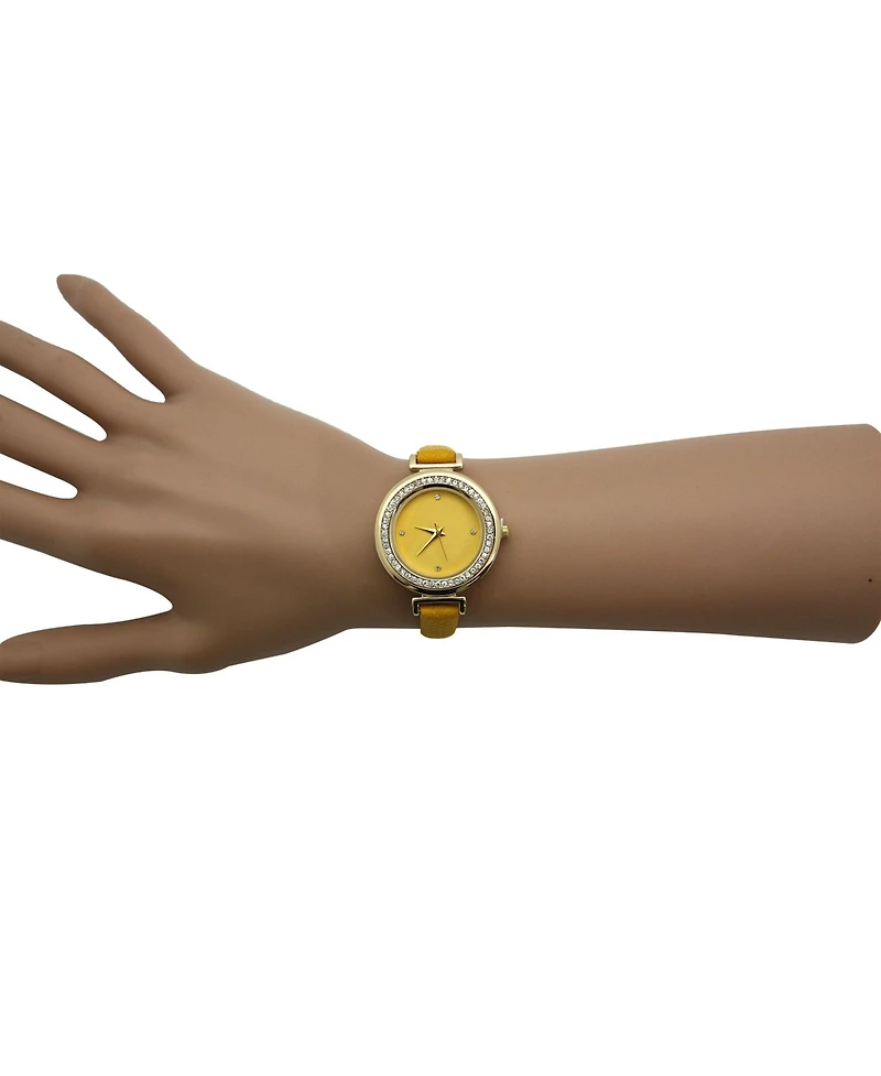 Olivia Pratt Yellow Faux Leather Solid Colors and Rhinestones Women Watch
