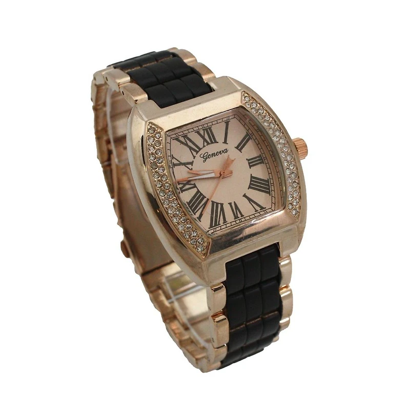 Olivia Pratt Black Rhinestone Accent Square Dial Metal Watch