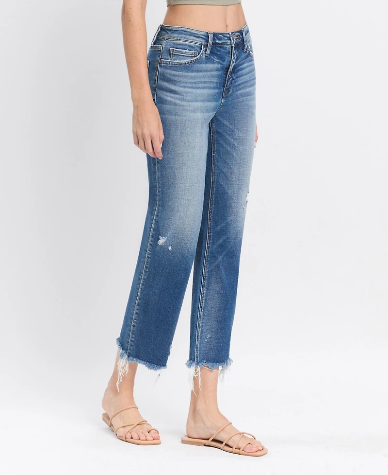 Flying Monkey Women's High Rise Frayed Hem Crop Straight Jeans