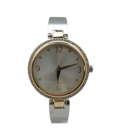 Olivia Pratt Two Tone Round Face Rhinestone Bezel Soft Bangle Women Watch