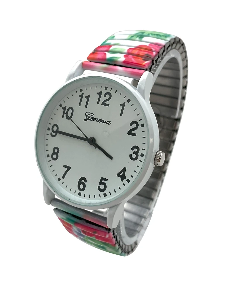 Olivia Pratt White Flowers Big Dial Easy Reader Watch Abstract Elastic Stretch Band Wristwatch Women Watch