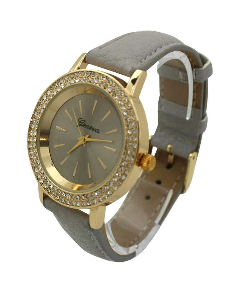 Olivia Pratt Gray Rhinestones Detail Leather Strap Watch