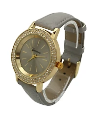 Olivia Pratt Gray Rhinestones Detail Leather Strap Watch