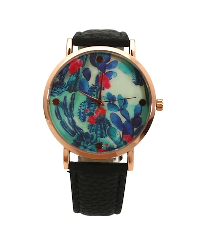 Olivia Pratt Black Colorful Cactus Dial Leather Strap Watch