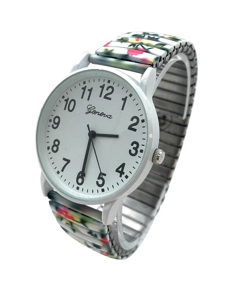 Olivia Pratt White Big Dial Easy Reader Watch Abstract Elastic Stretch Band Wristwatch Women Watch