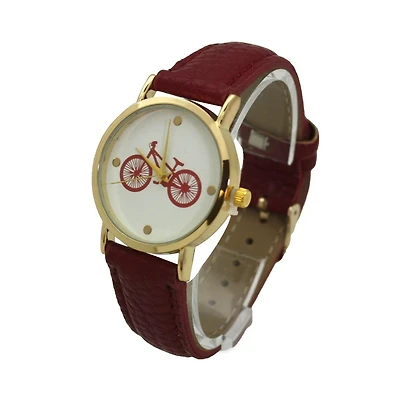 Olivia Pratt Burgundy Bicycle Face Leather Strap Watch