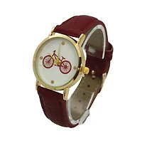 Olivia Pratt Burgundy Bicycle Face Leather Strap Watch