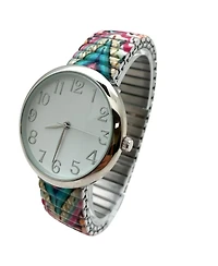 Olivia Pratt Mix Colors Big Dial Easy Reader Watch Printed Elastic Stretch Band Wristwatch Women Watch