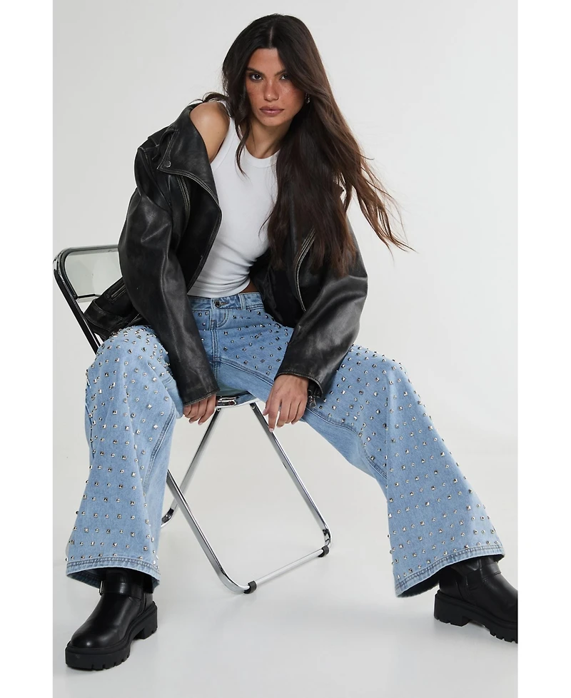 Nasty Gal Women's Studded Straight Leg Denim Jeans