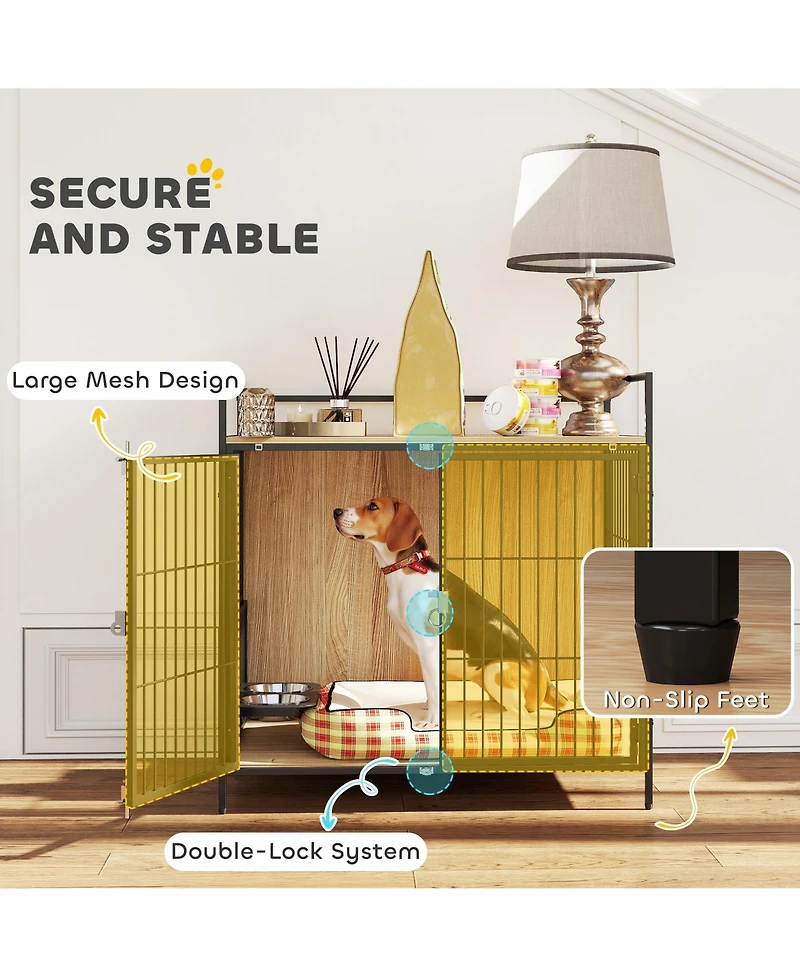 PawHut Dog Crate Furniture 30 in Dog Kennel Table with Rotatable Bowls,