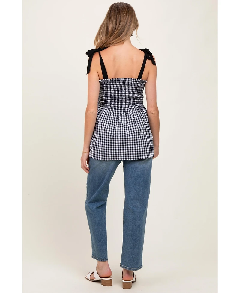 Pinkblush Maternity Black Gingham Smocked Shoulder Tie Top
