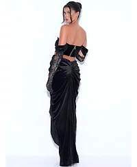 Miss Circle Women's Quintessa Black Lace Velvet Corset Off Shoulder Gown