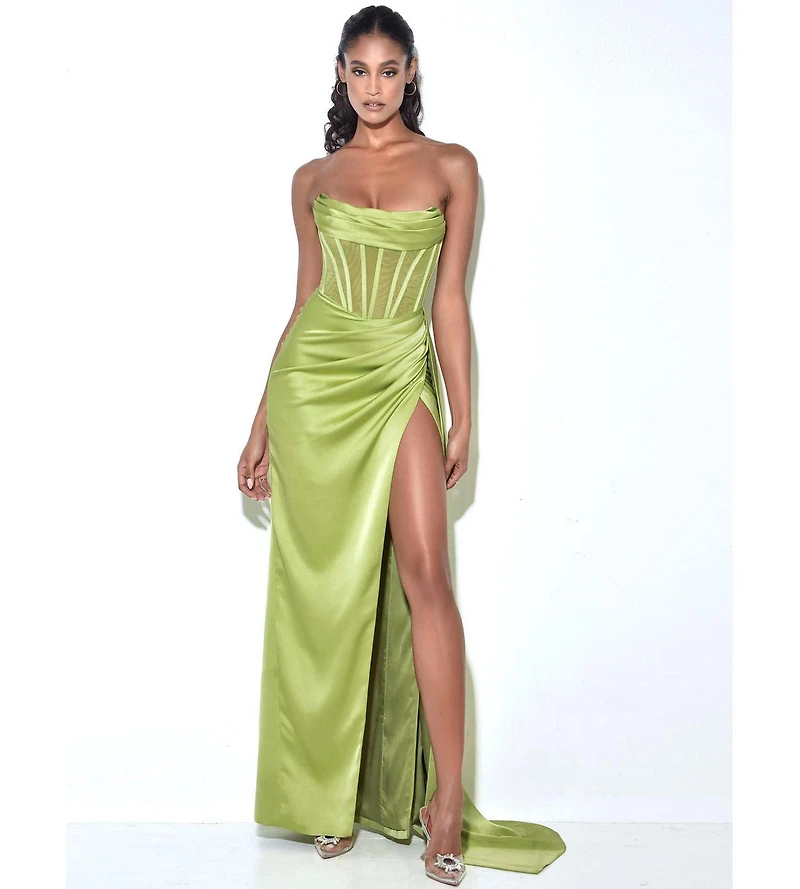 Miss Circle Women's Prisa Lime High Slit Satin Corset Gown