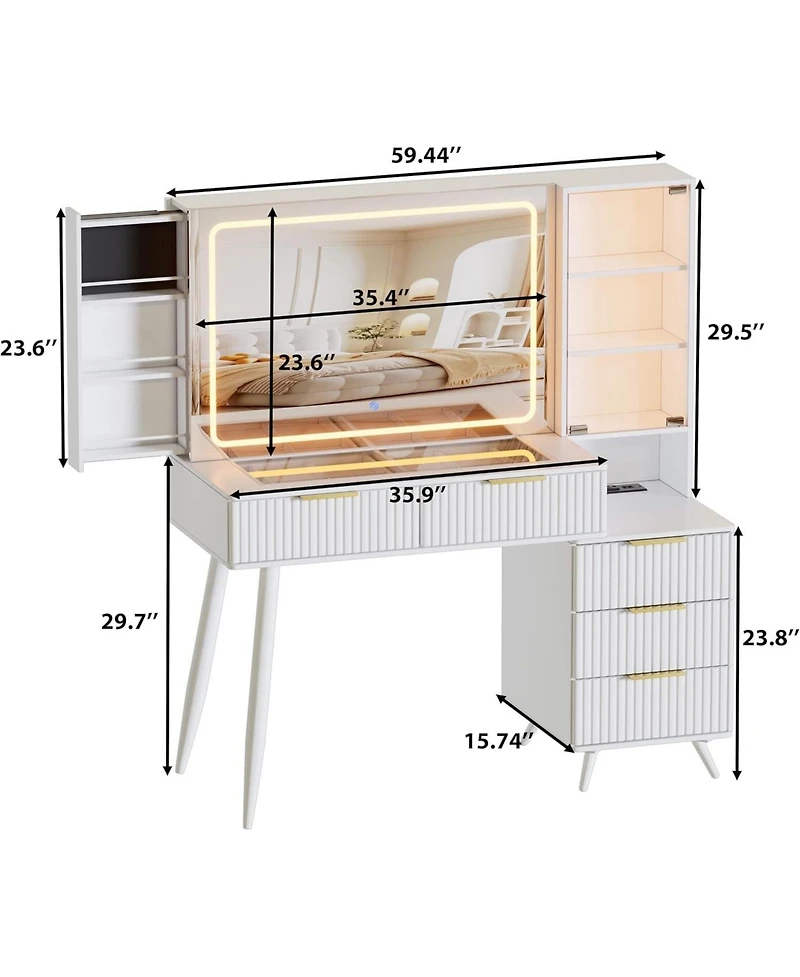Streamdale Vanity Desk with Mirror & Lights, Glass Top Makeup Table