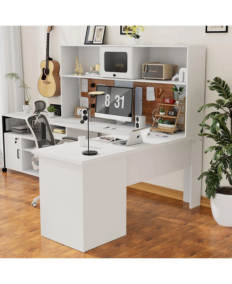 L Shaped Desk with Hutch, Corner Desk Workstation with Charge Station and File Cabinet