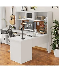 L Shaped Desk with Hutch, Corner Desk Workstation with Charge Station and File Cabinet