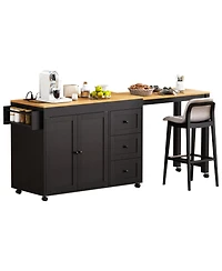 Streamdale Kitchen Island w/ Extendable Table, 3 Drawers, Outlet, Wheels, Spice Rack - Black