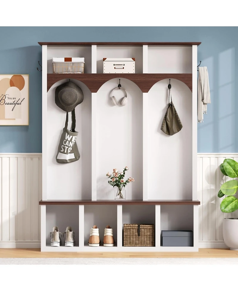 Streamdale Farmhouse Hall Tree Bench Shoe Cabinet - Walnut & Black