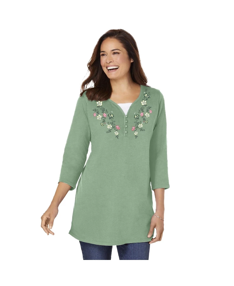 Woman Within Plus Size Within 7-Day Layered-Look Embroidered Henley Tunic