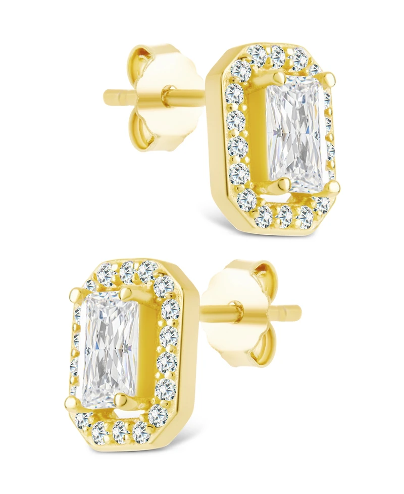 Sterling Forever Silver Emerald Cut Brilliant Halo Studs