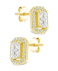 Sterling Forever Silver Emerald Cut Brilliant Halo Studs