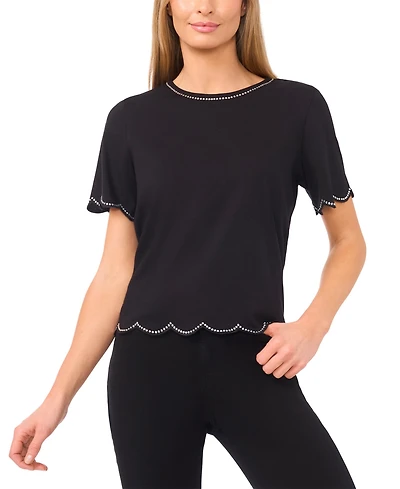 CeCe Women's Rhinestone Scalloped Knit Top