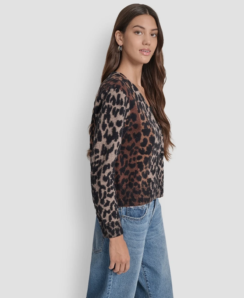 Dkny Jeans Women's Long Sleeves Leopard Print Cardigan Sweater