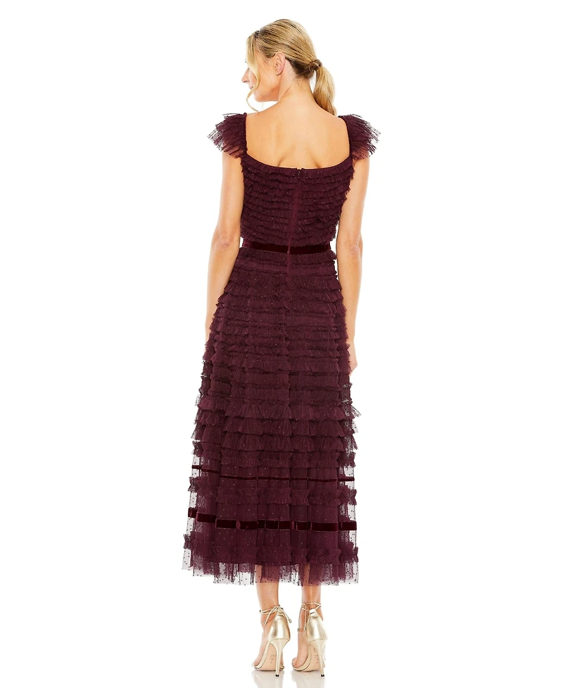 Mac Duggal Women's Ruffle Cap Sleeve Embellished Tiered Midi Dress