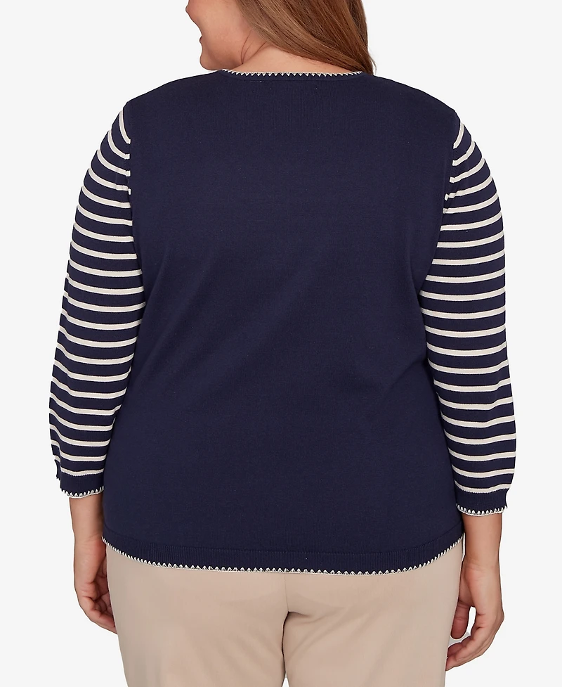 Alfred Dunner Plus Saratoga Springs Heart Motif Detail Striped Sweater