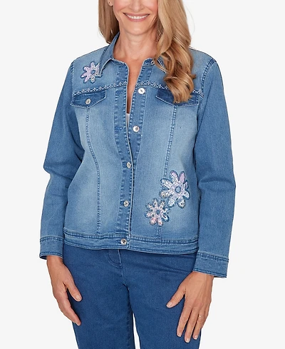 Alfred Dunner Plus Hilton Head Floral Applique Detail Light Denim Jacket