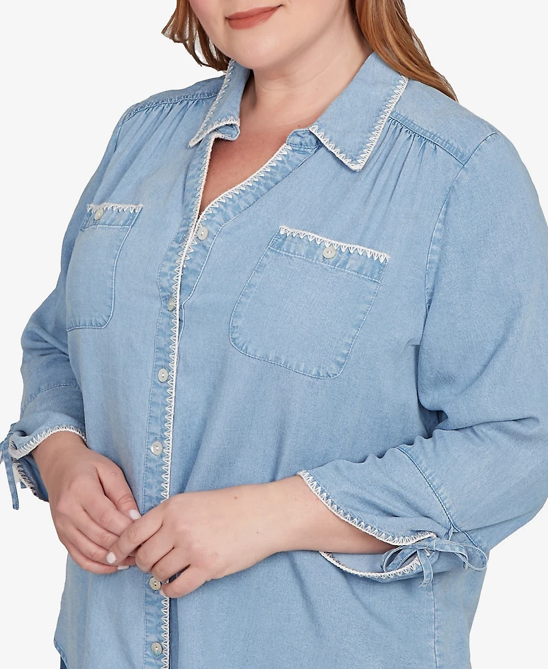 Alfred Dunner Plus Hilton Head Blanket Stitch Trim Button-Front Top