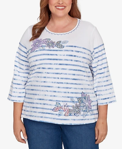 Alfred Dunner Plus Hilton Head Applique Flower Tie Dye Stripe Knit Top